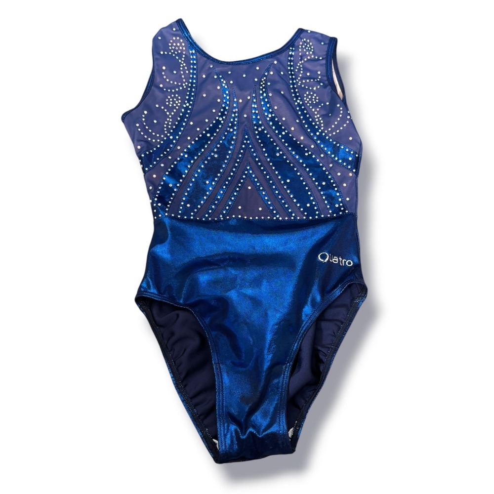 Quatro Blue Crystal Rhinestone Gymnastics Leotard Girls Metallic Competition